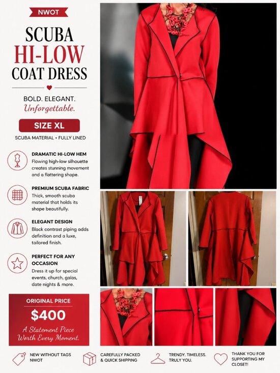 Heydari Dresses & Skirts - NWOT Heydari XL Red Scuba Hi-Low Coat Dress Jacket $400 Designer Statement